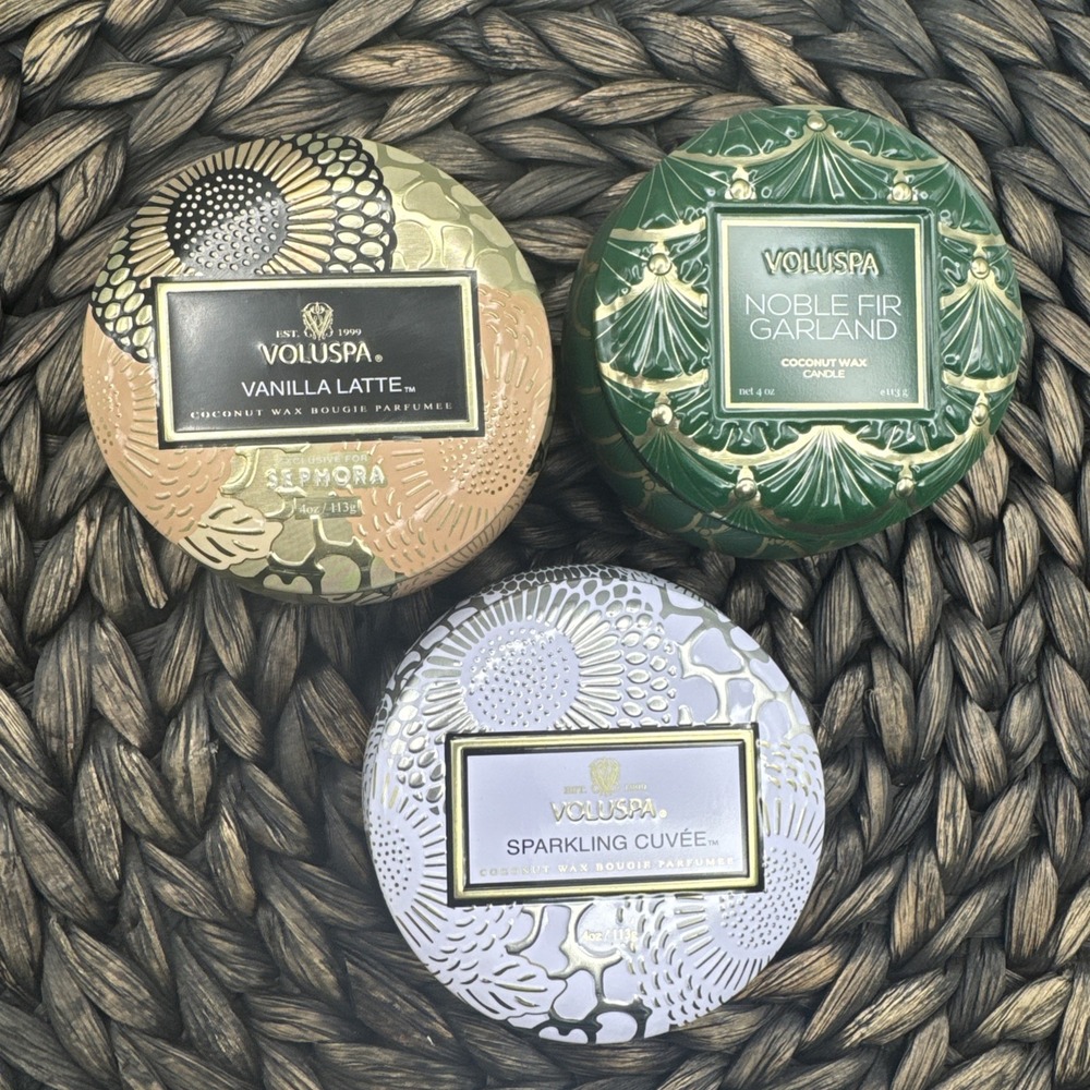 Voluspa Tin Mini Travel‎ Candle Set 3 Fir Cuvee & Vanilla Latte 4 oz Bathroom